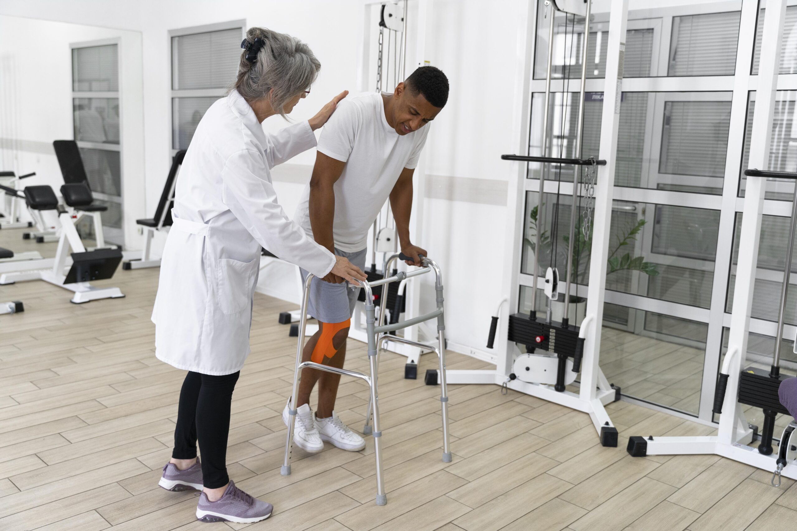 medical assistant helping patient with physiotherapy exercises scaled