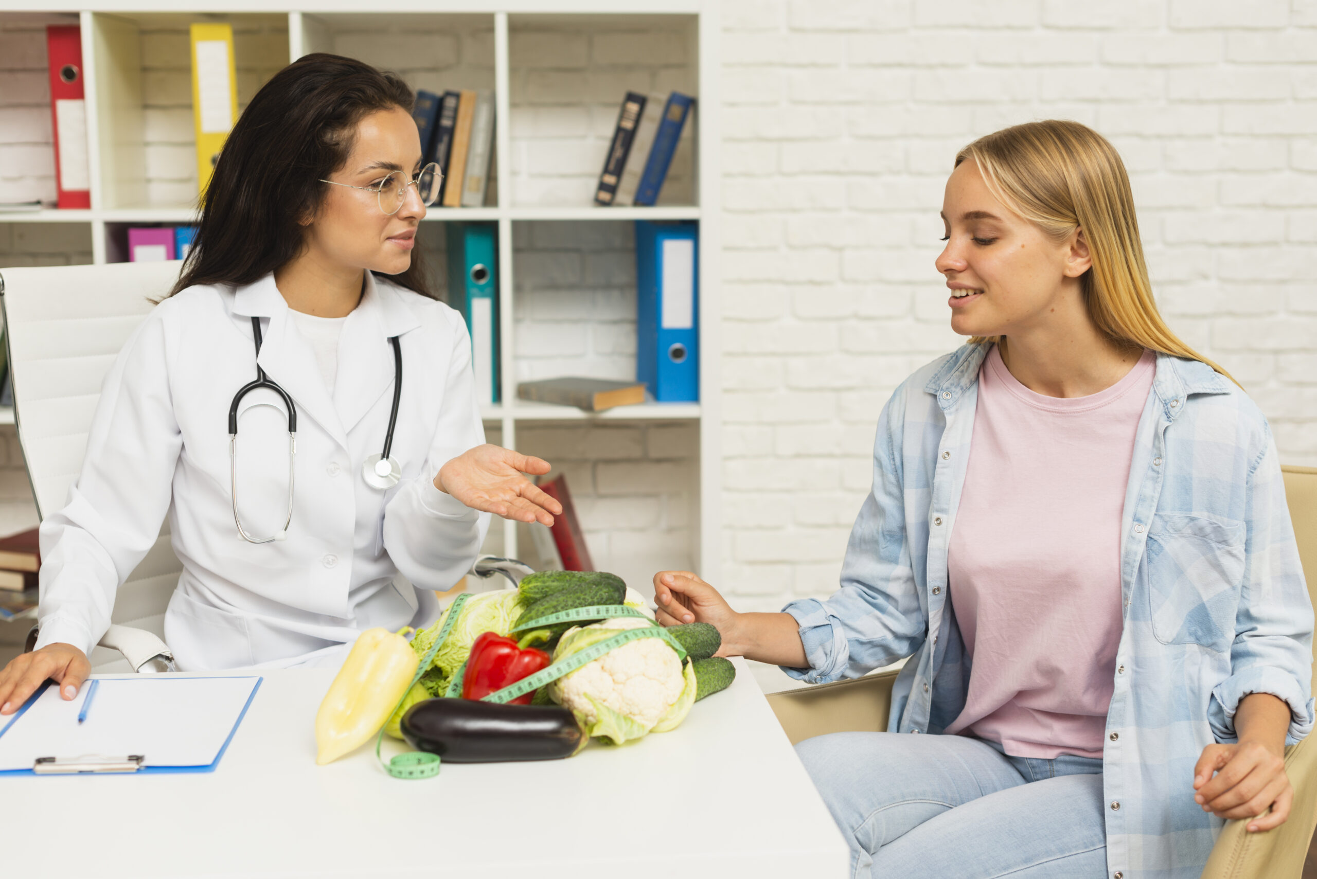 medium shot doctor talking patient about vegetables scaled
